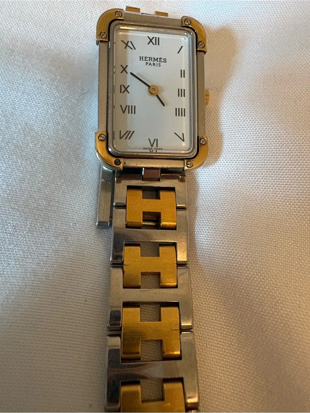 Hermès Two-Tone Gold and Silver Rectangular Link Watch. COA 6-1/4 - 6-1/2” - Picture 2 of 7